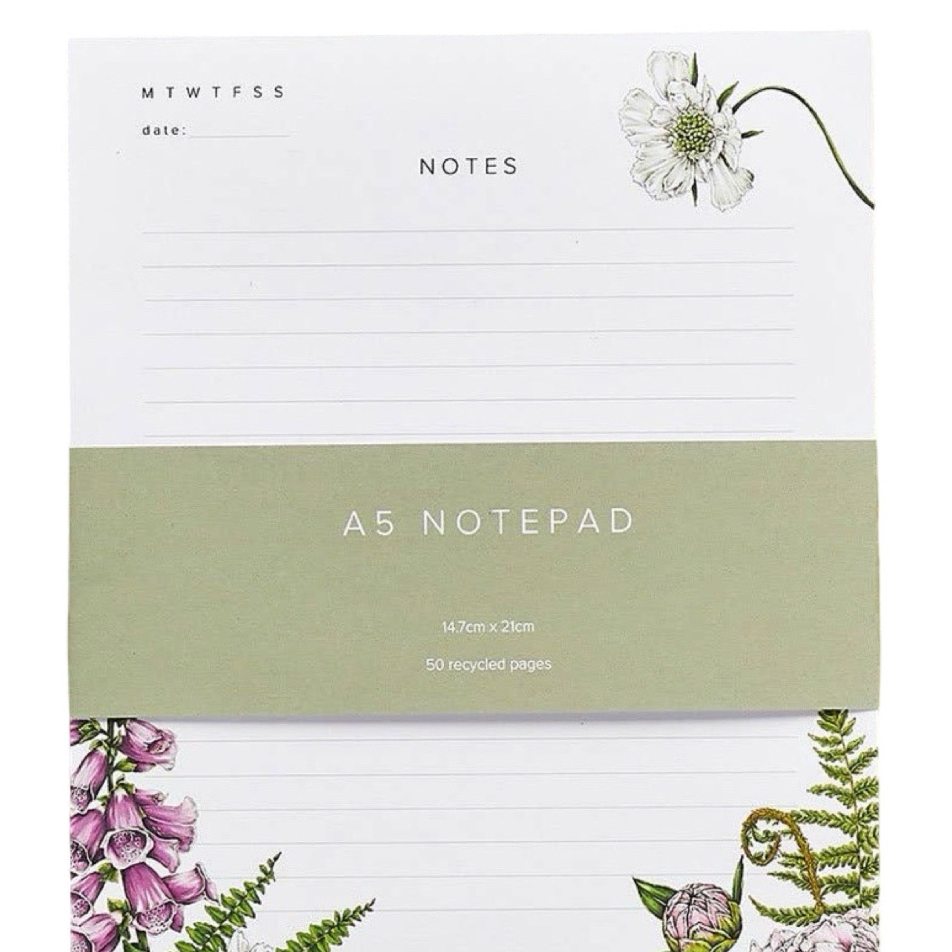 A5 notepad with floral design on a white background.