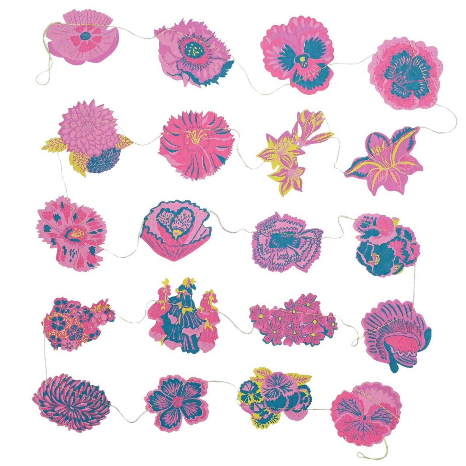 A summer garden paper garland featuring twenty screen-printed floral designs in shades of pink, teal and mustard.