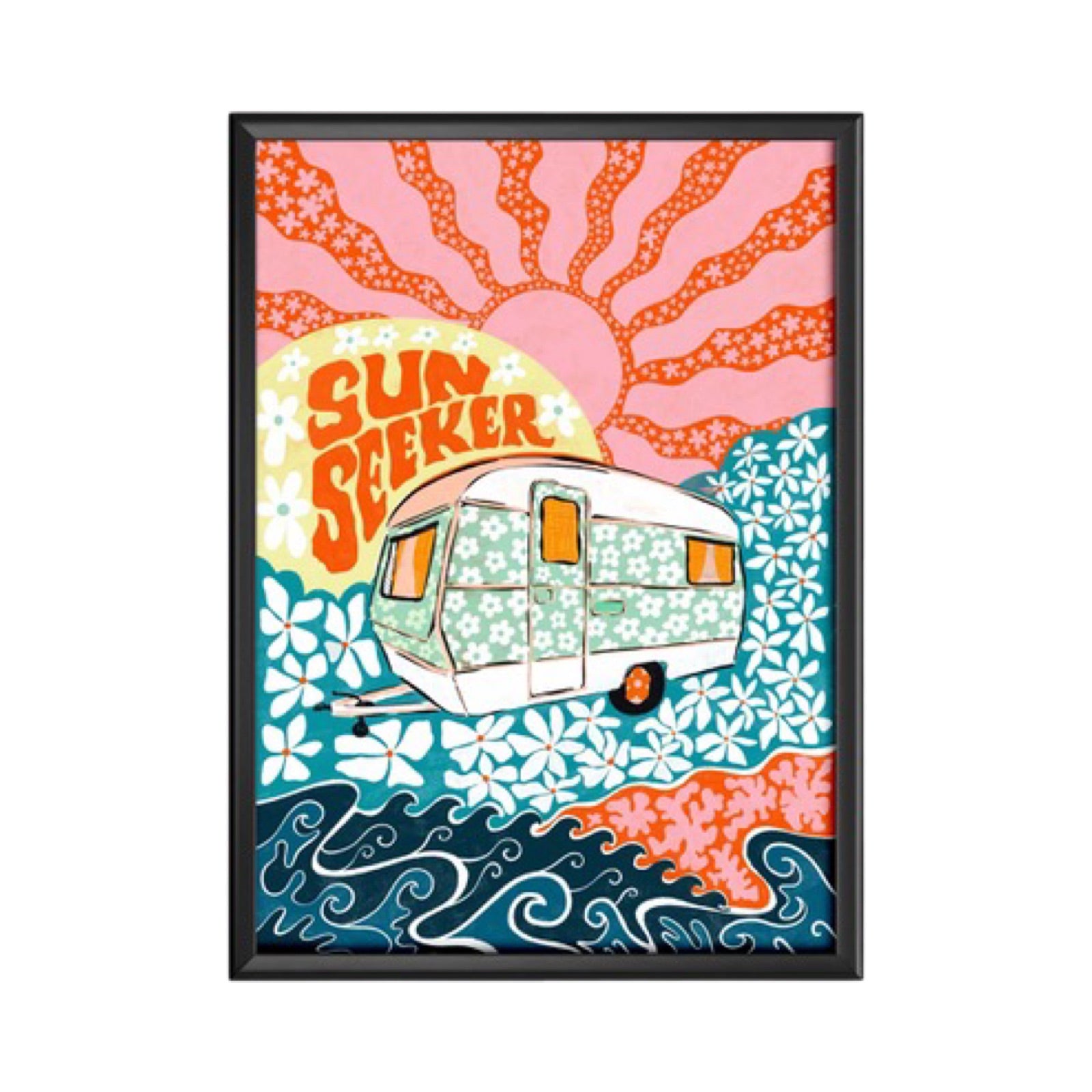 Framed print features a white caravan with green daisies against a turquoise and white floral pattern under a large pink and red sun.