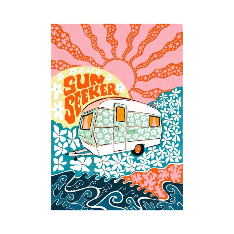 This print features a white caravan with green daisies against a turquoise and white floral pattern under a large pink and red sun.