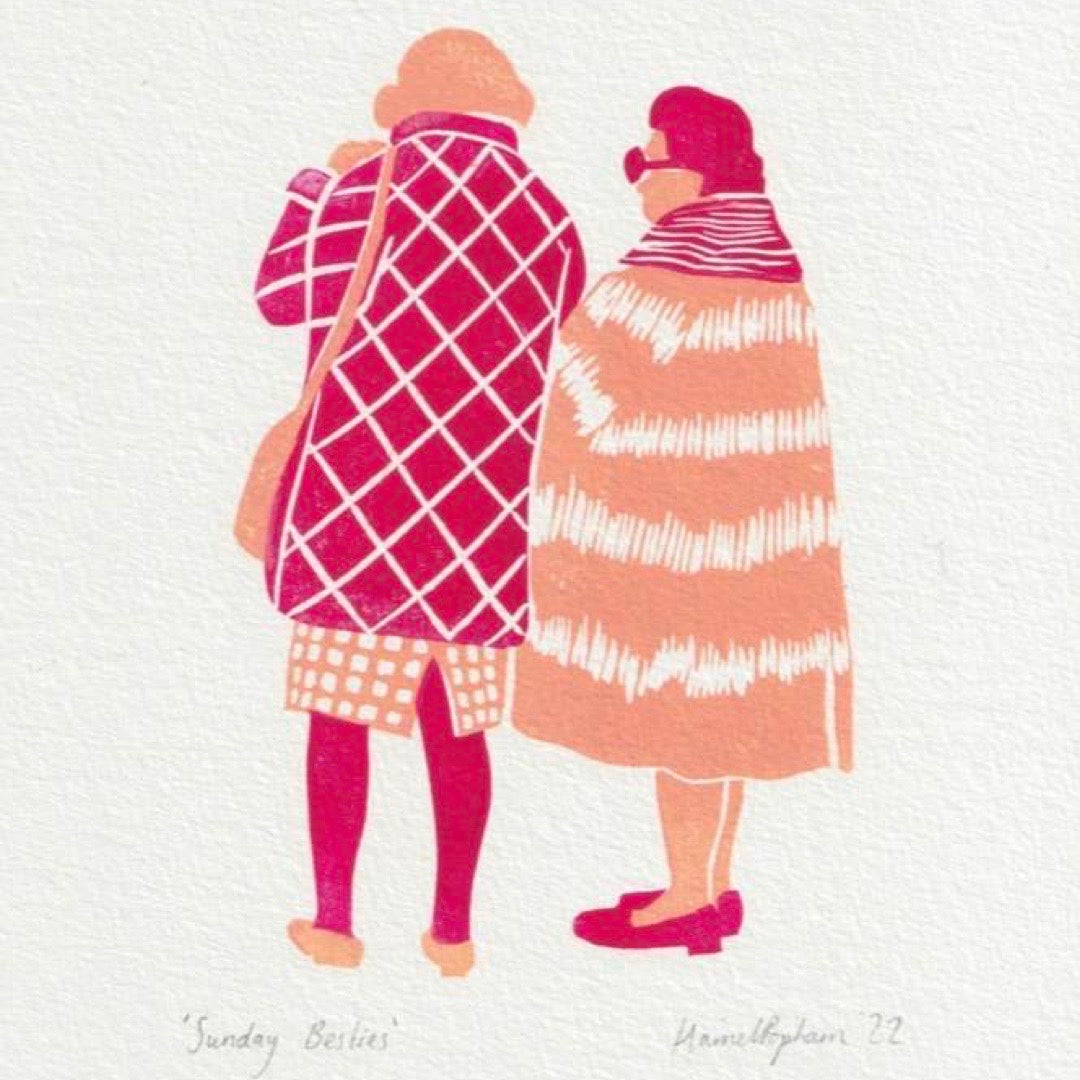 Illustration of two people walking together, one in a pink and white patterned coat, the other in a striped coat, on a white background.