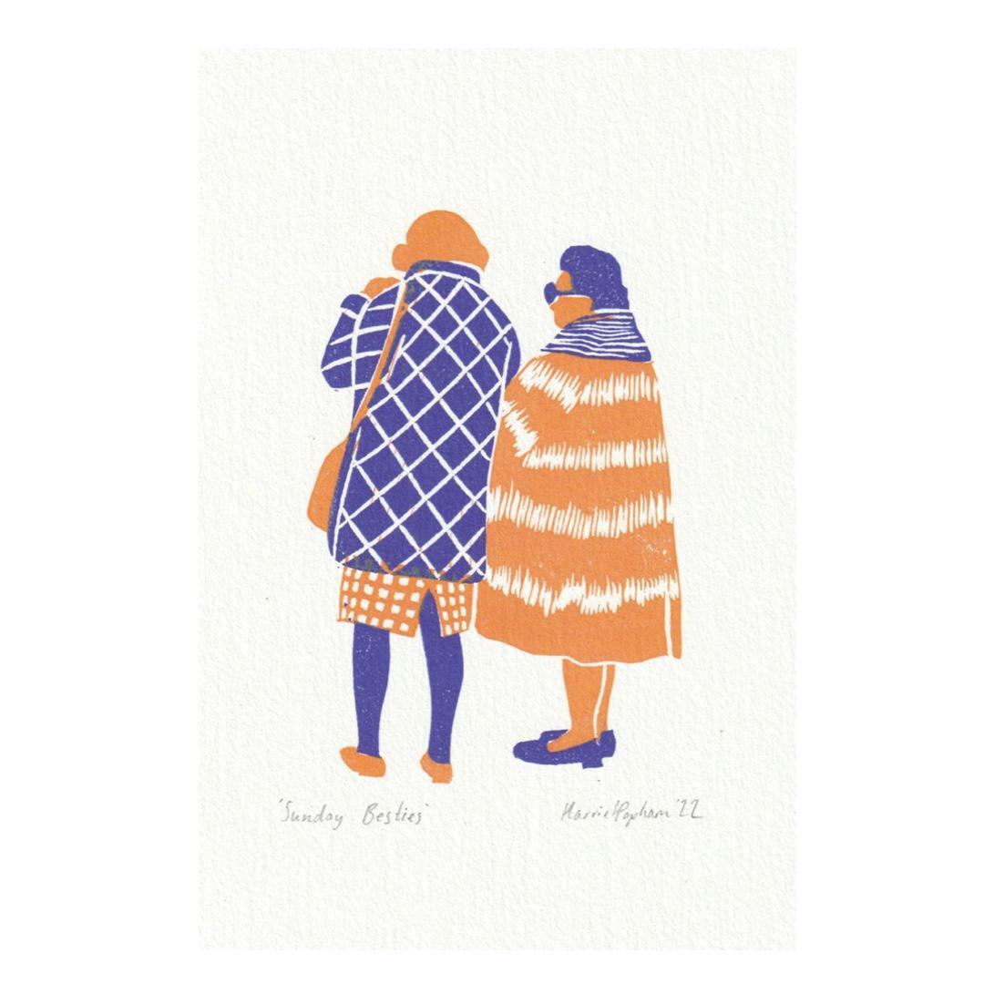 A4 print featuring two cartoon characters, one in orange and the other in blue, walking and talking on the phone.