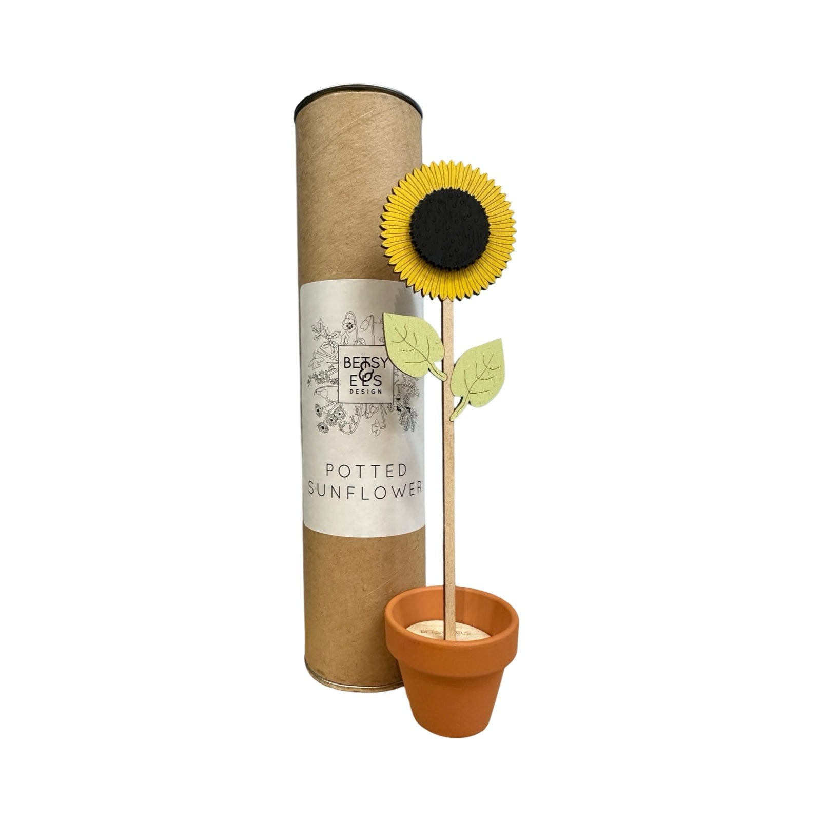 A single sunflower wooden stem in a terracotta pot next to a cardboard tbe.