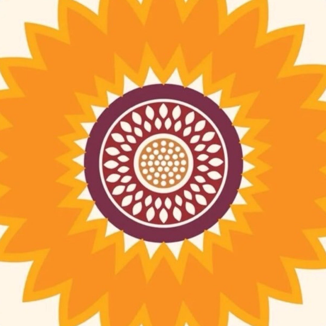 Decorative circular design with a sunflower-like pattern on a beige background.
