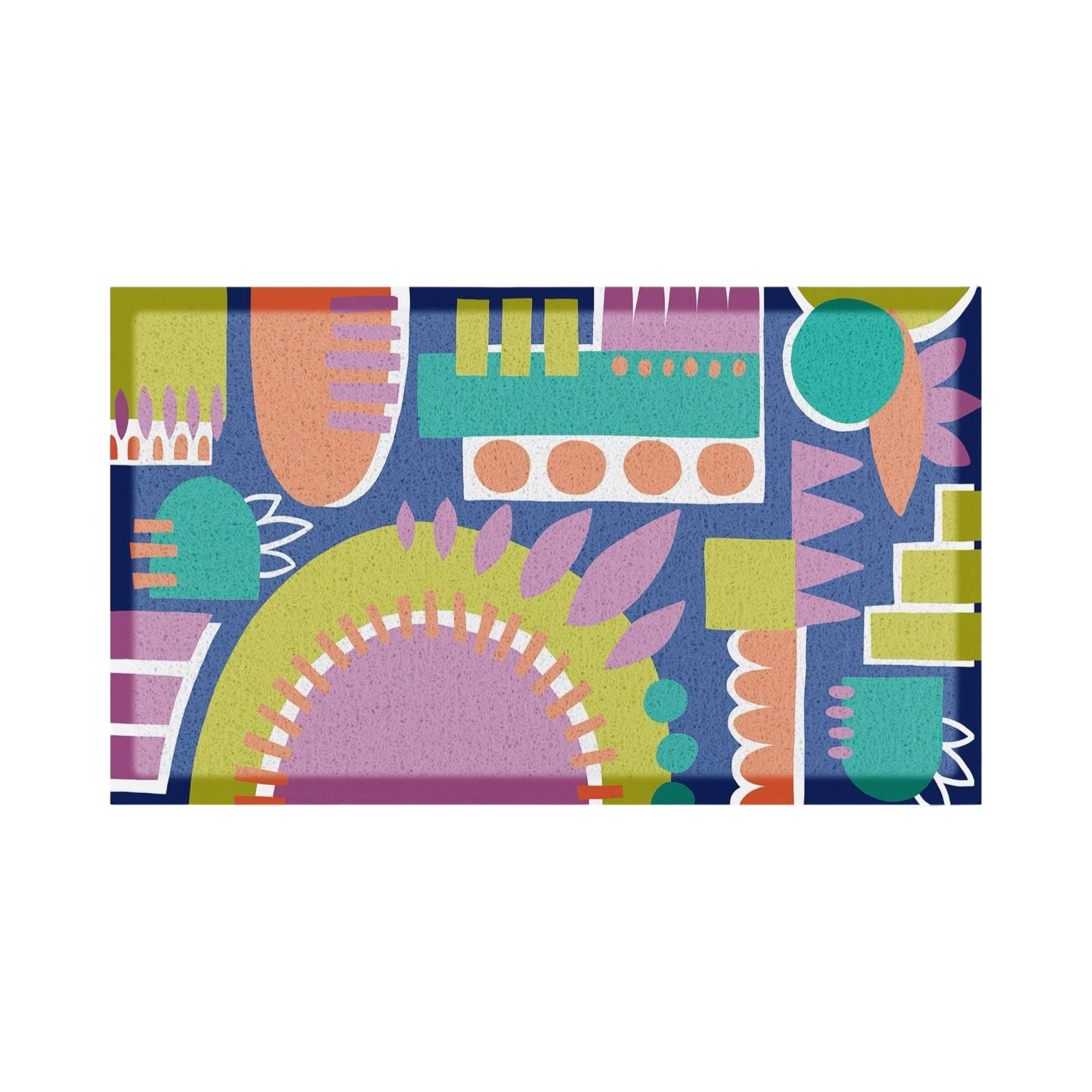 A rectangular doormat with a colourful abstract geometric pattern on a white background.
