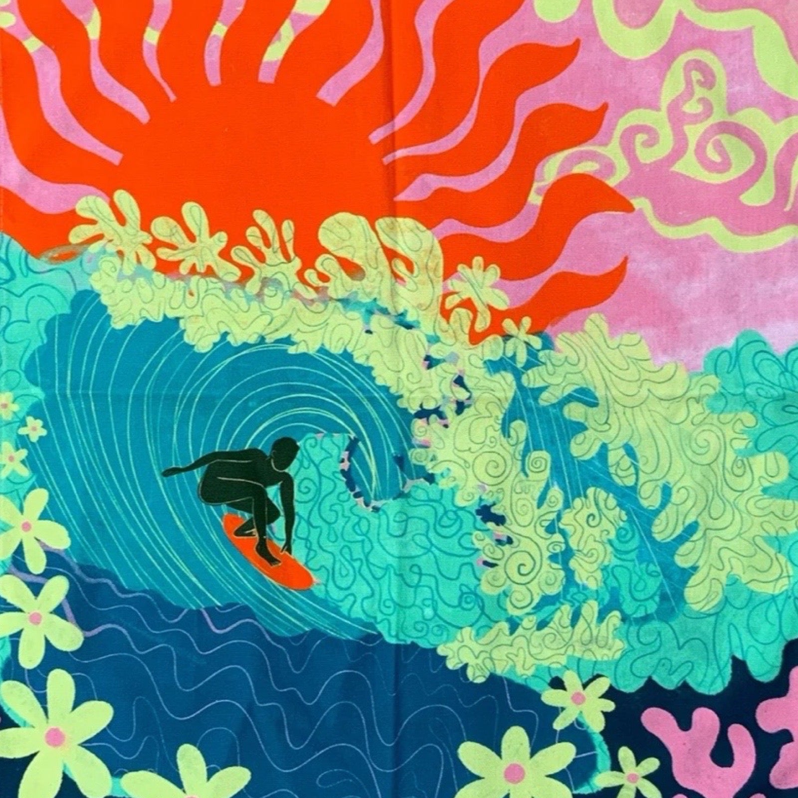 Colourful illustration of a surfer on a wave with flowers and abstract flowers.