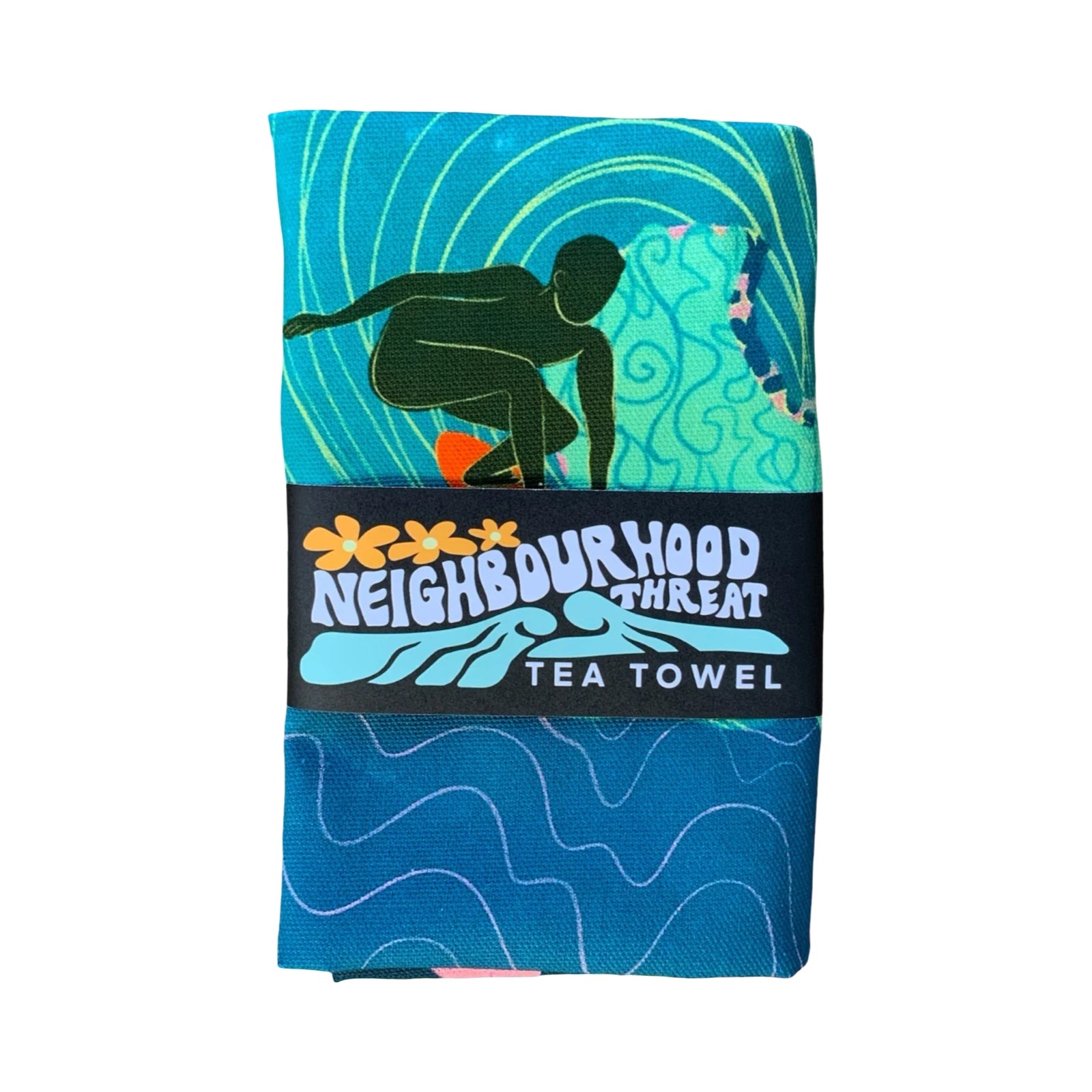 Tea towel with surfing design and 'Neighbourhood Threat' branding on a white background.