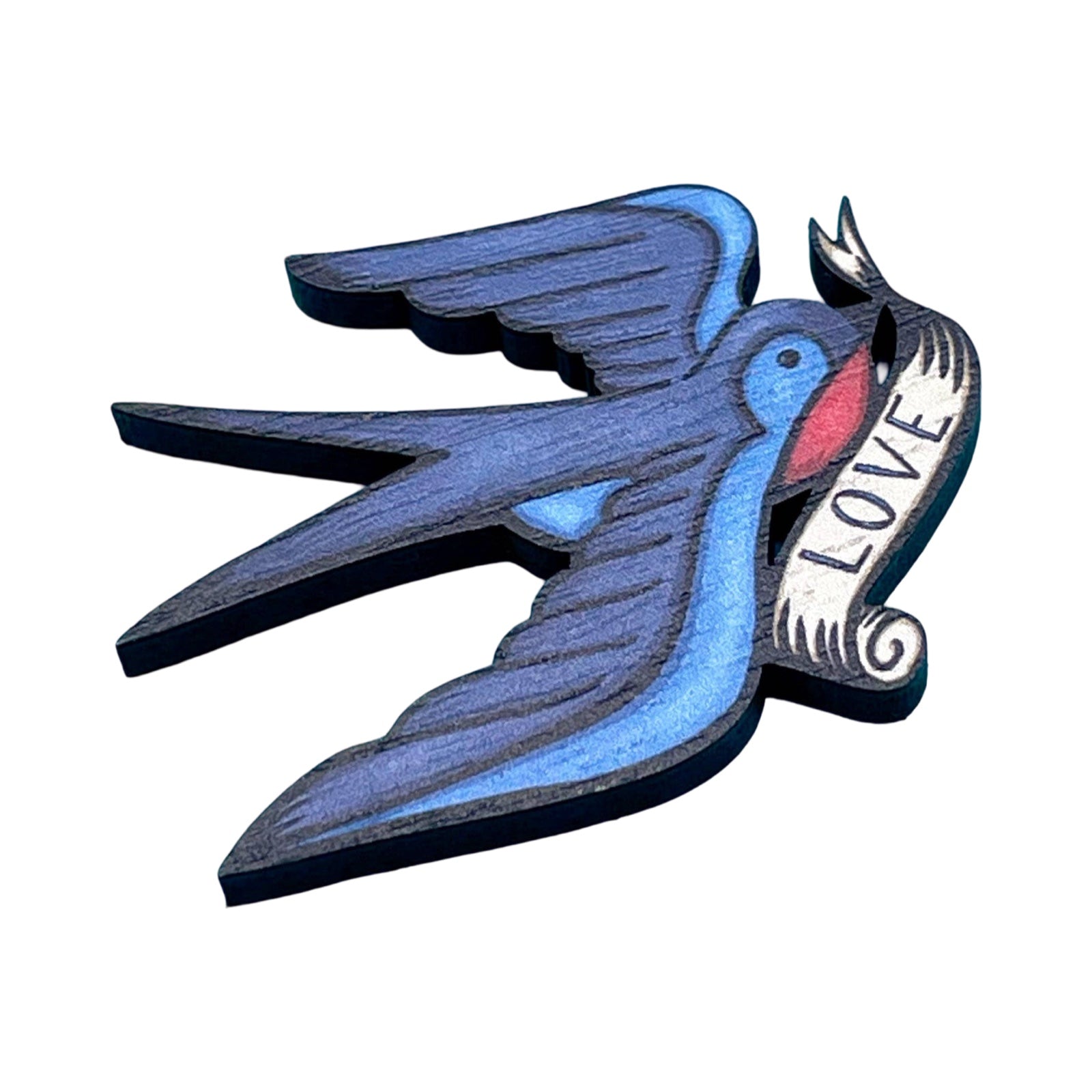 Swallow-shaped wooden brooch featuring a blue swallow holding a white entwined banner with the text 'Love' in its beak.