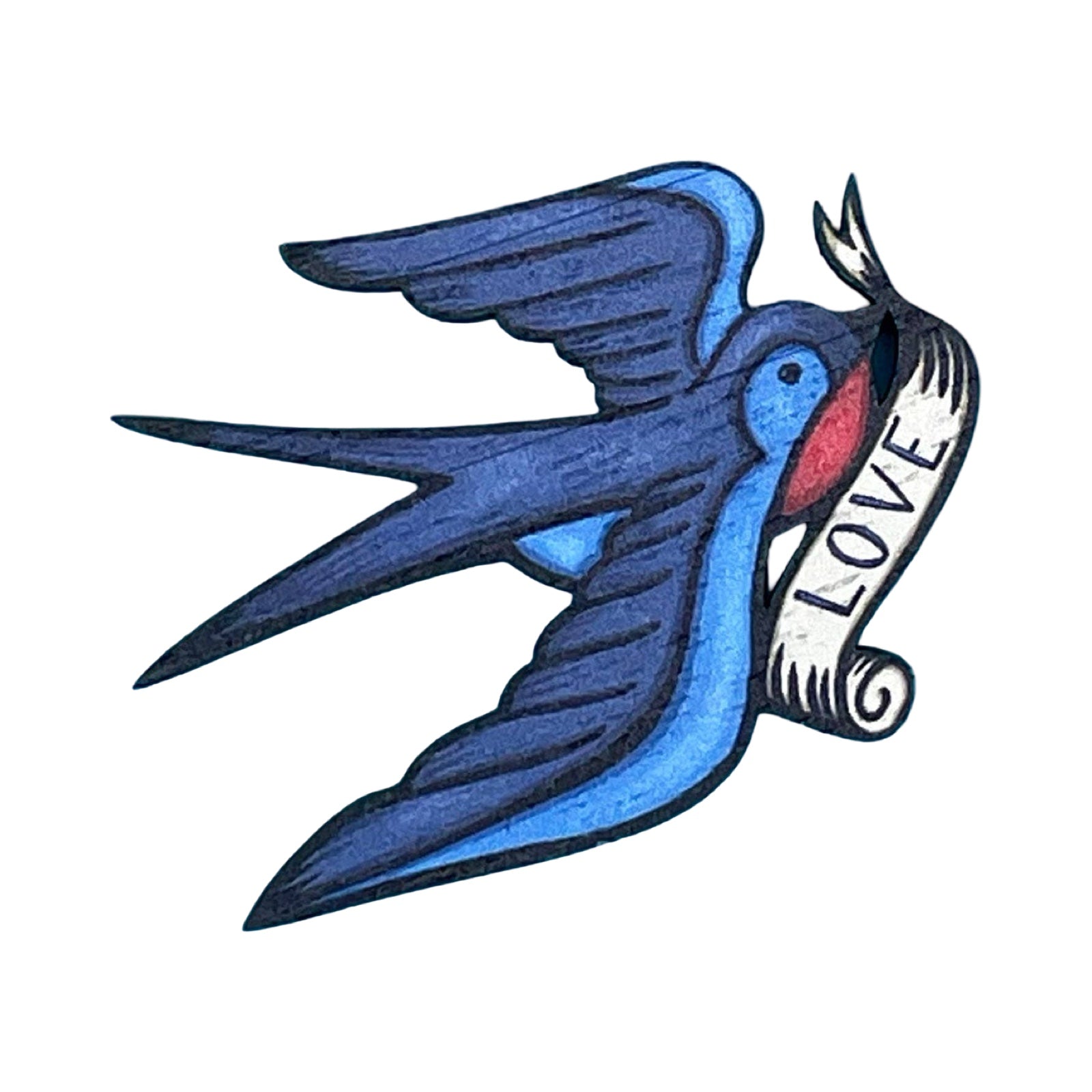 Swallow-shaped wooden brooch featuring a blue swallow holding a white entwined banner with the text 'Love' in its beak.