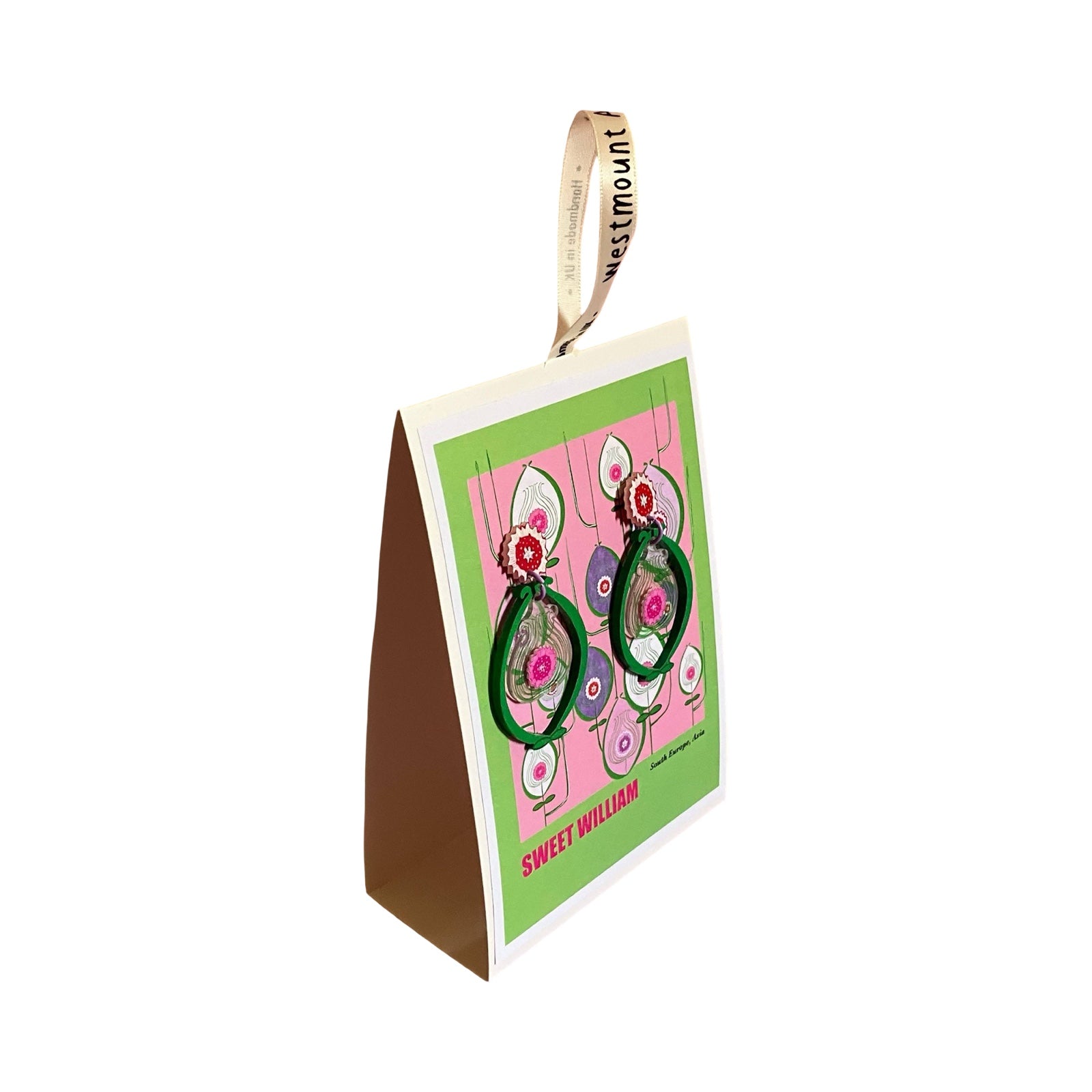 A pair of acrylic earrings with red floral studs and large green ovals with pink flowers inside on backing card.