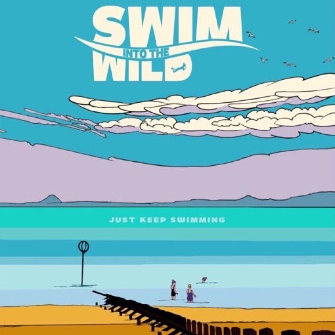 This print features a movie poster design with an illustration of wild swimmers at Portobello Beach in Edinburgh.