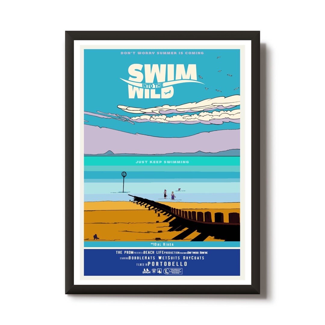 This print features a movie poster design with an illustration of wild swimmers at Portobello Beach in Edinburgh.