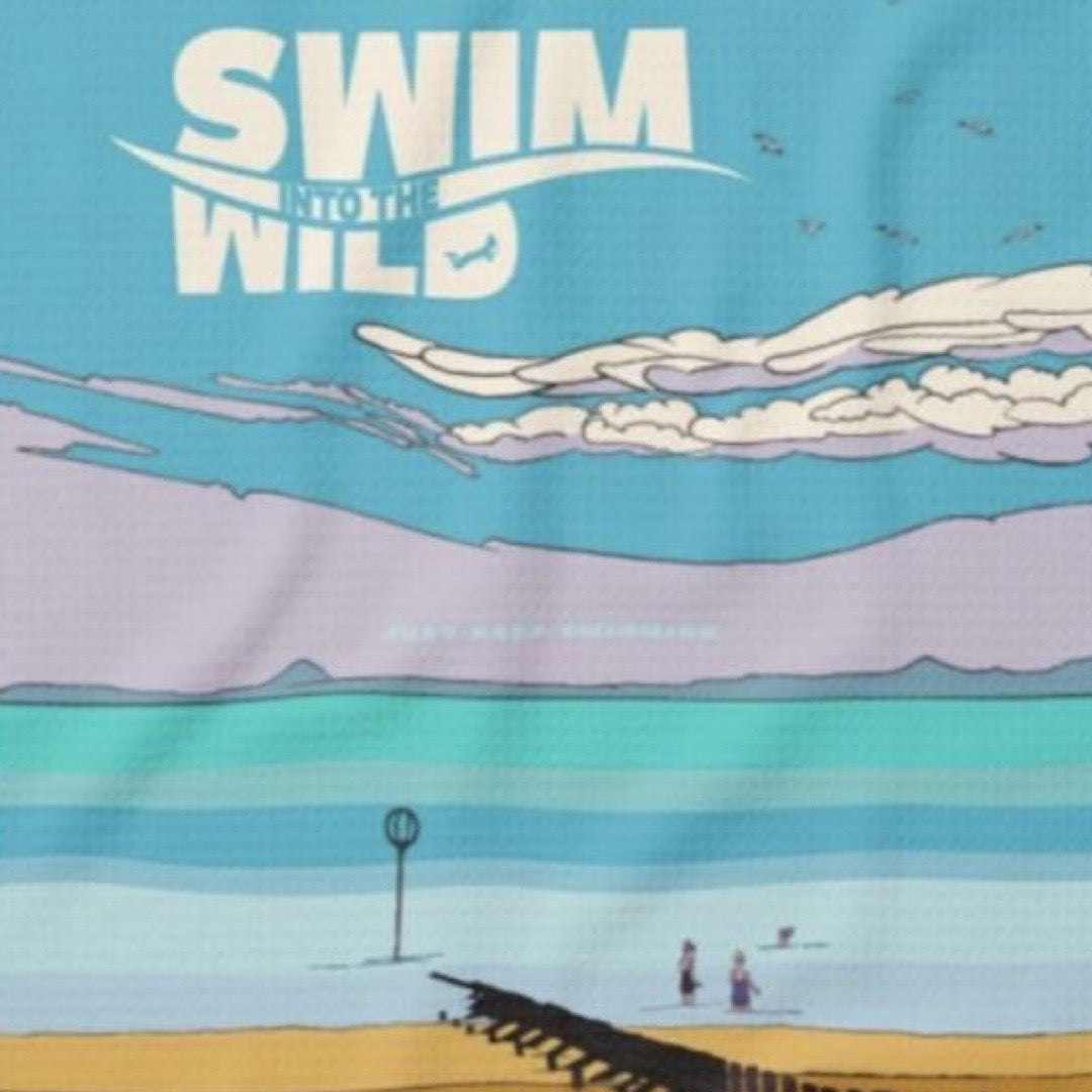 Tea Towel featuring a movie poster design with an illustration of Portobello beach with wild swimmers, in Edinburgh, Scotland