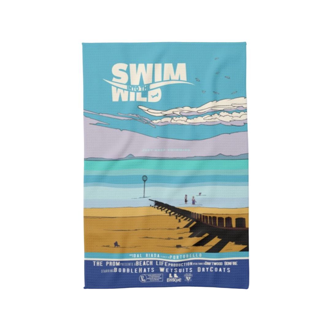 Tea Towel featuring a movie poster design with an illustration of Portobello beach with wild swimmers, in Edinburgh, Scotland