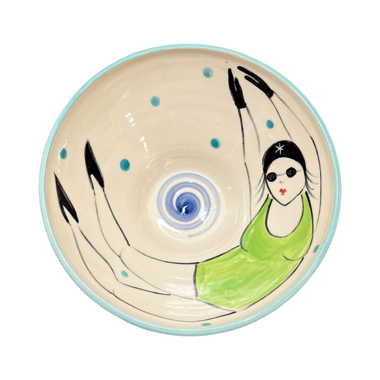 A cream ceramic cereal bowl with a female wild swimmer wearings a green swimsuit and a black swim cap.