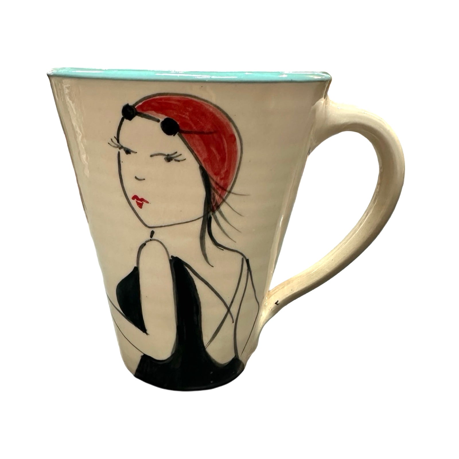 A cream coloured ceramic mug with a female wild swimmer wearing a black swimsuit and a red swim cap.