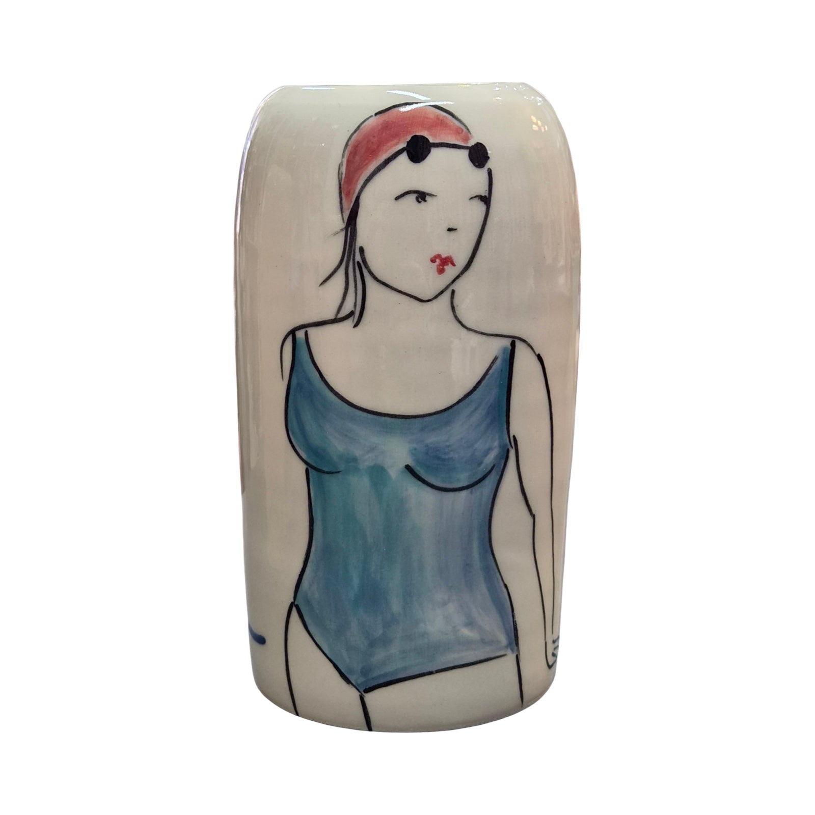Ceramic vase with a stylized drawing of a woman wearing a blue swimming costume on a white background.