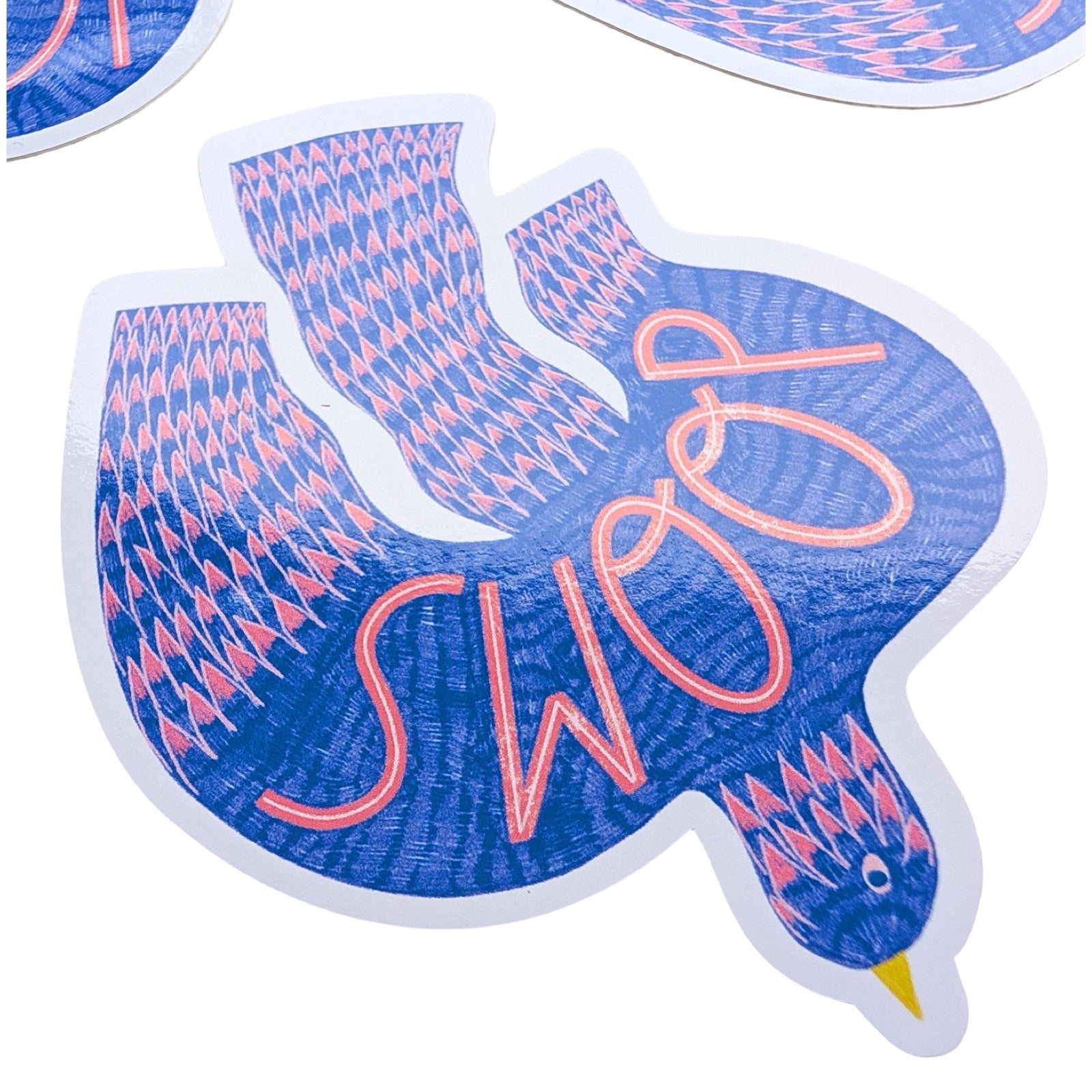 Sticker of a blue bird with pink 'Swoop' text on a white background.