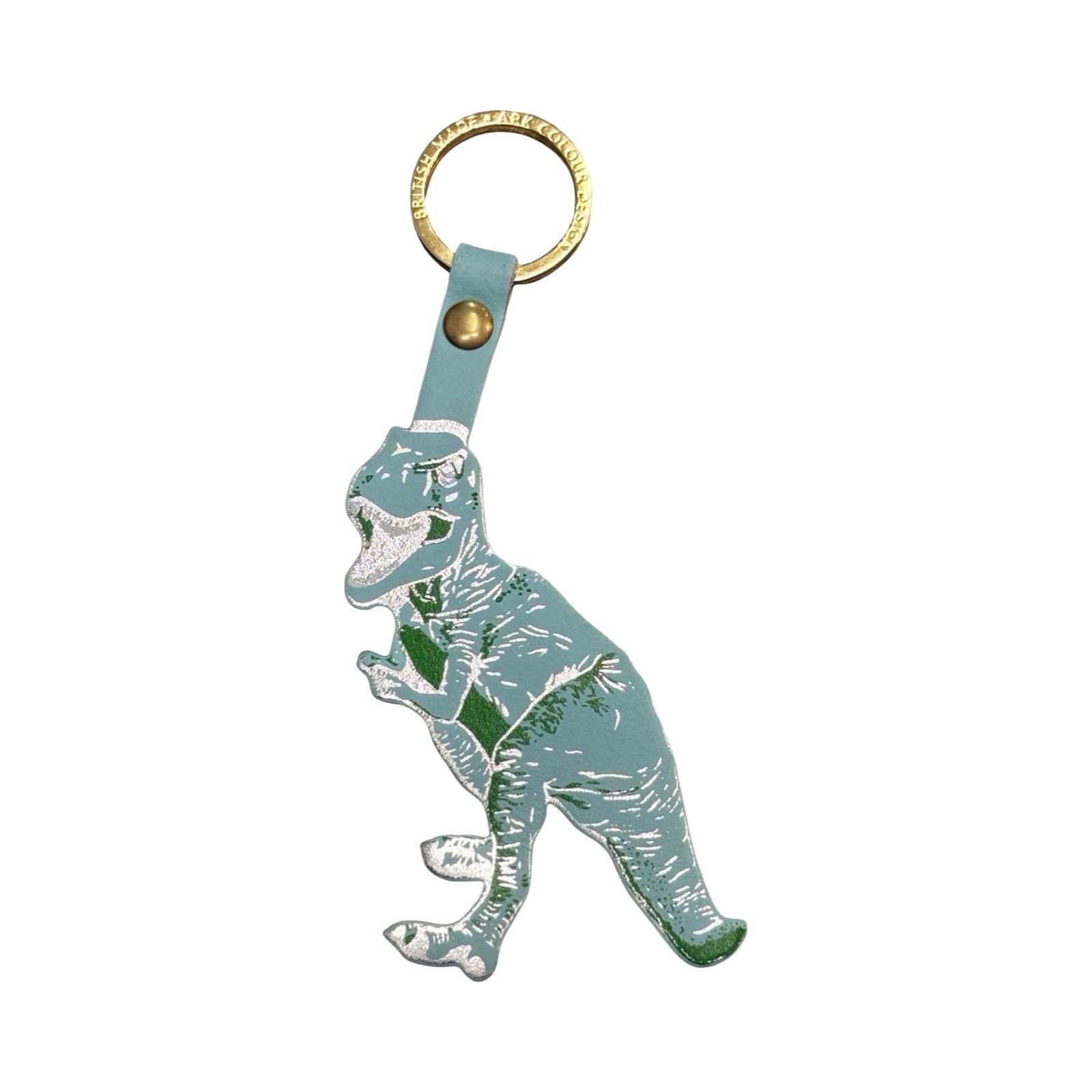 Dinosaur-shaped keychain with a light blue strap on a white background.