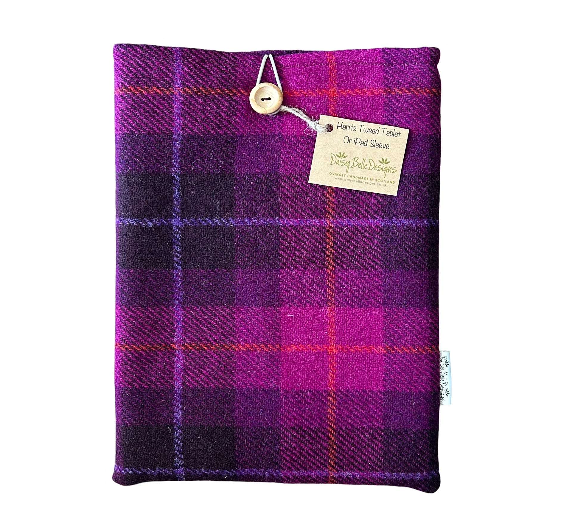 Dark pink tartan check Harris tweed tablet stand with elastic loop and wooden button.