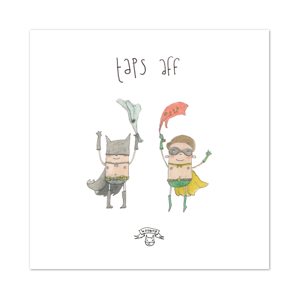 Illustrated square print of Bayboy and Robin from the Batboy range, holding their tops in the air.