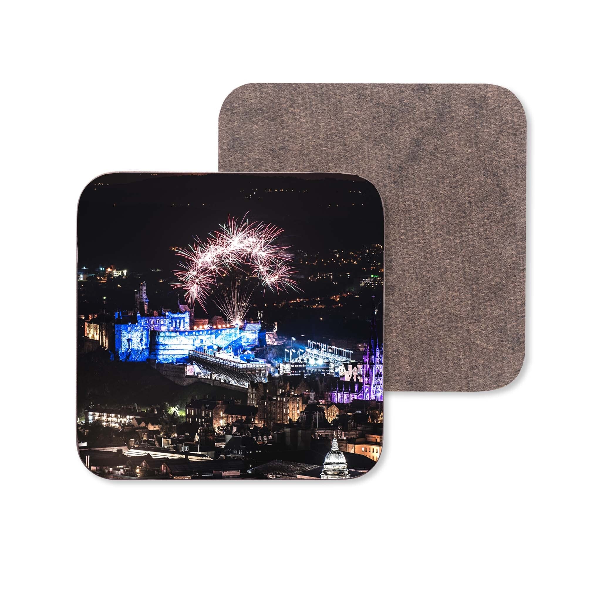 An image of Edinburgh Royal Military Tattoo fireworks over Edinburgh Castle at night on a coaster.