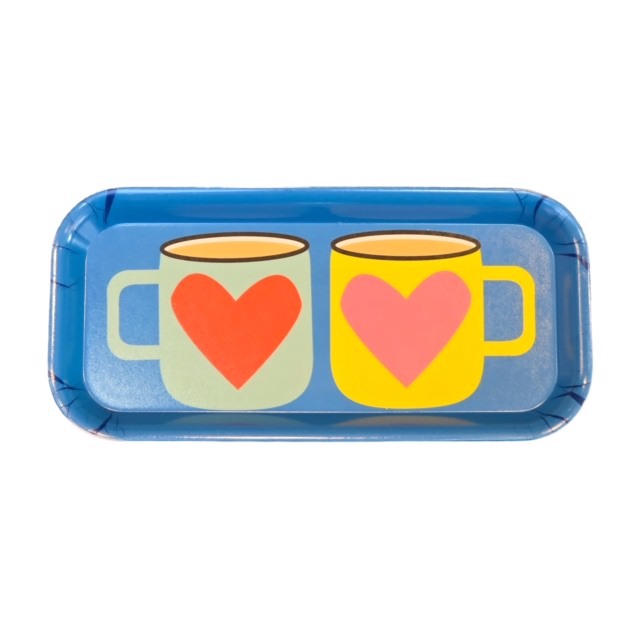 Colourful melamine tray featuring two cups of tea, 1 aqua with a red love heart in the centre, and the other yellow with a pink love heart all on a blue background.