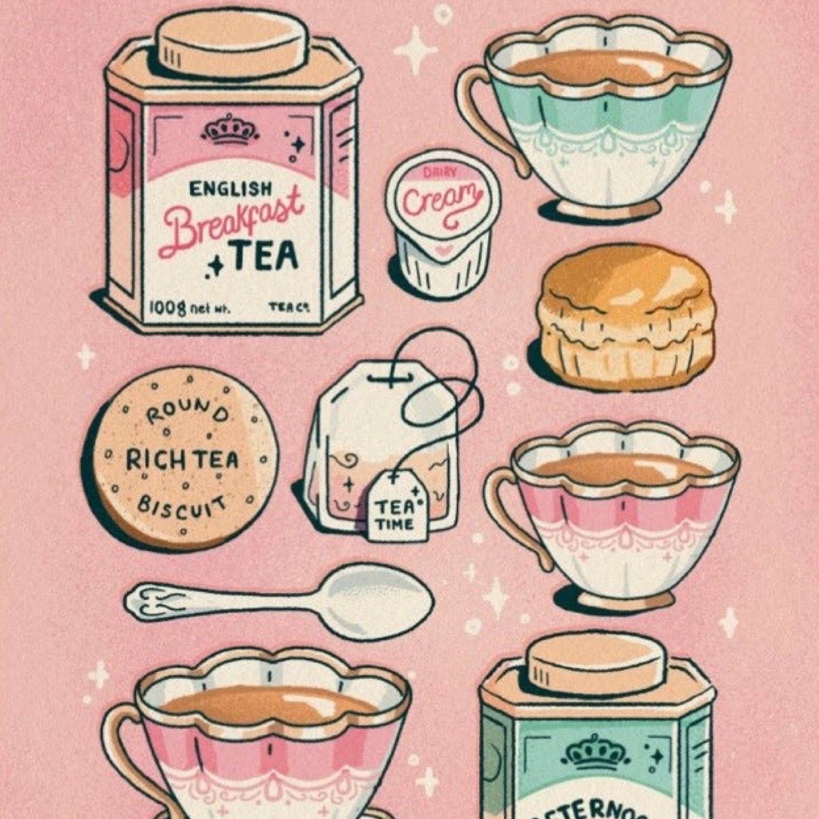 Illustrations of tea packaging, cups, and biscuits on a pink background.