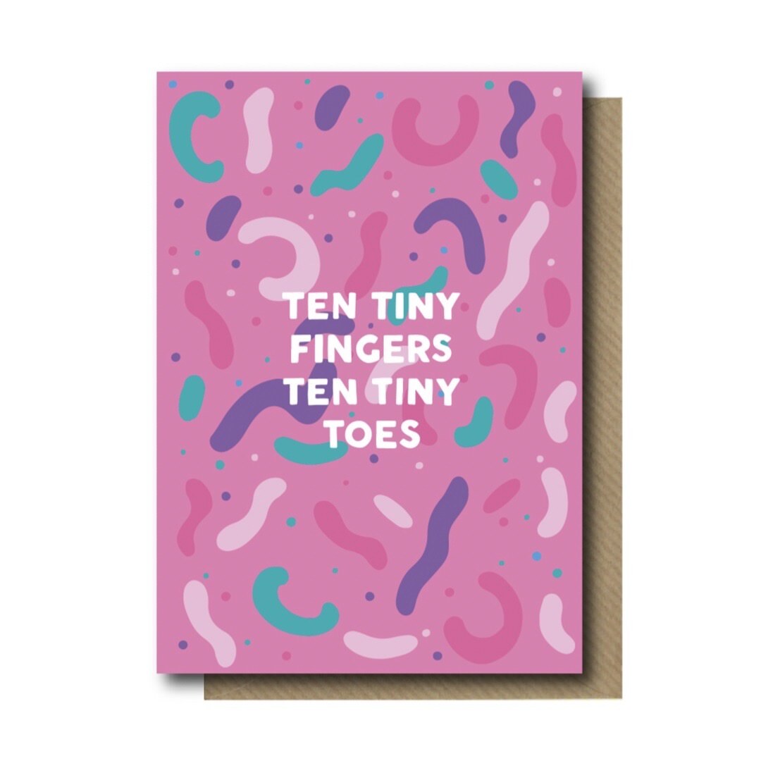 New baby card with the text 'Ten Tiny Fingers Ten Tiny Toes' written in white against a blue background with coordinating squiggles.