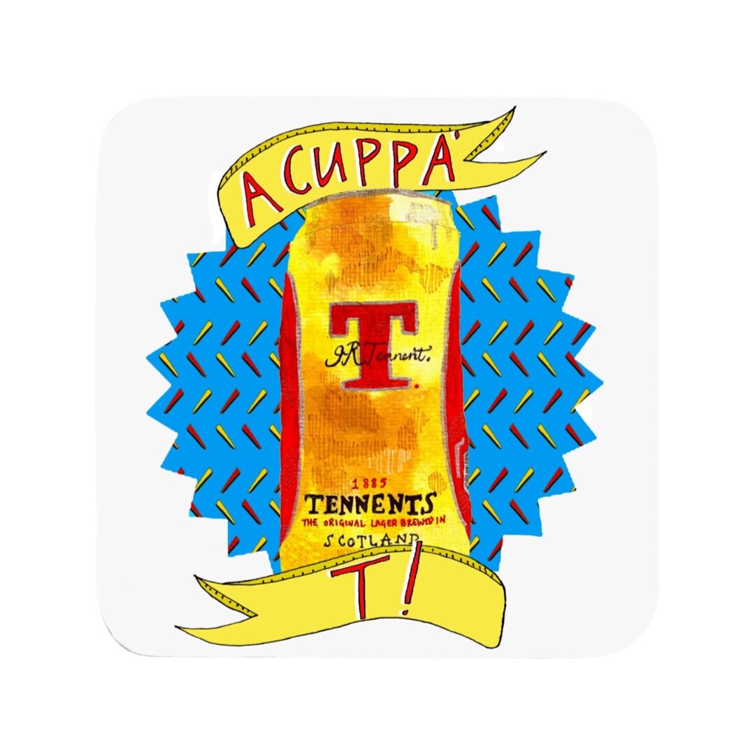 Drinks coaster featuring an illustration of a can of Tennent's lager and the text 'A Cuppa' T! in banners above and below the can.
