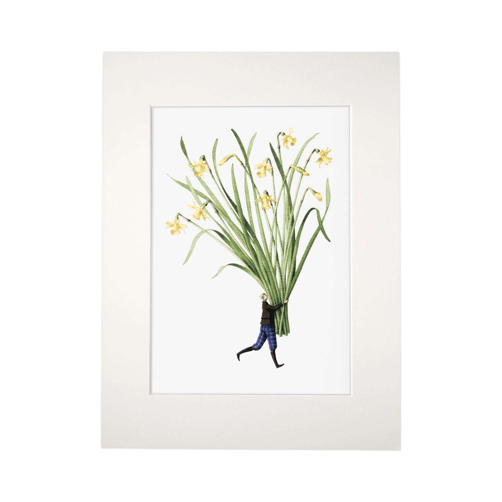 A print of a bunch of Tête à Tête daffodils held by a lady dressed in blue checked trousers and a dark jacket.