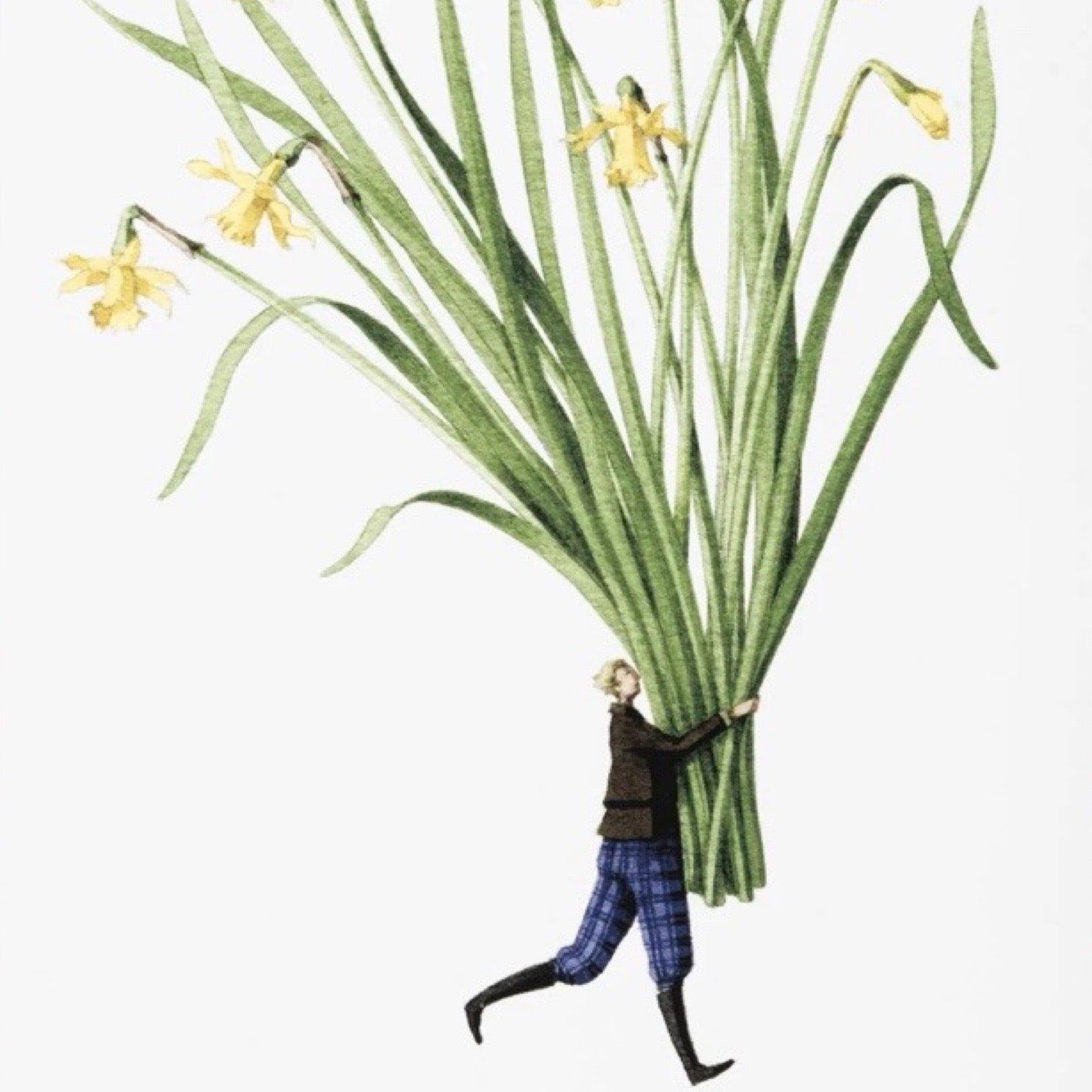 Illustration of yellow flowers being held by a woman.
