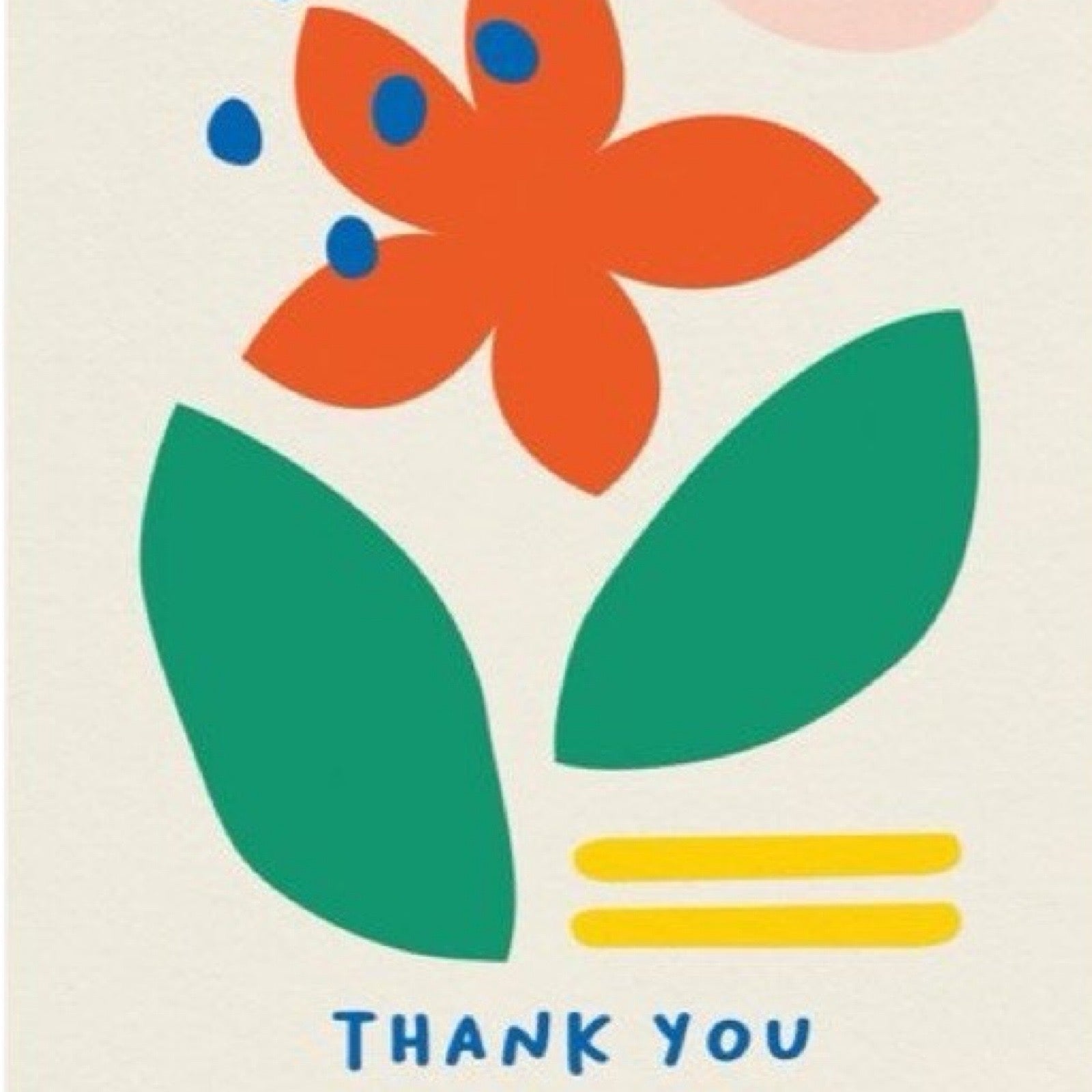 Thank you card with a red flower and green leaves, a pink sun and yellow line against a cream background.