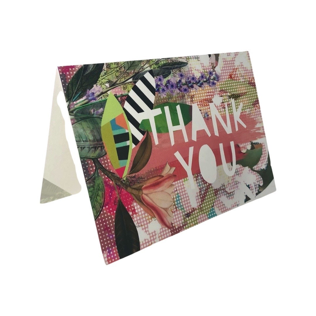 Thank you card featuring an abstract botanical collage with patches of black and white stripes and the text 'Thank You' written in white text.