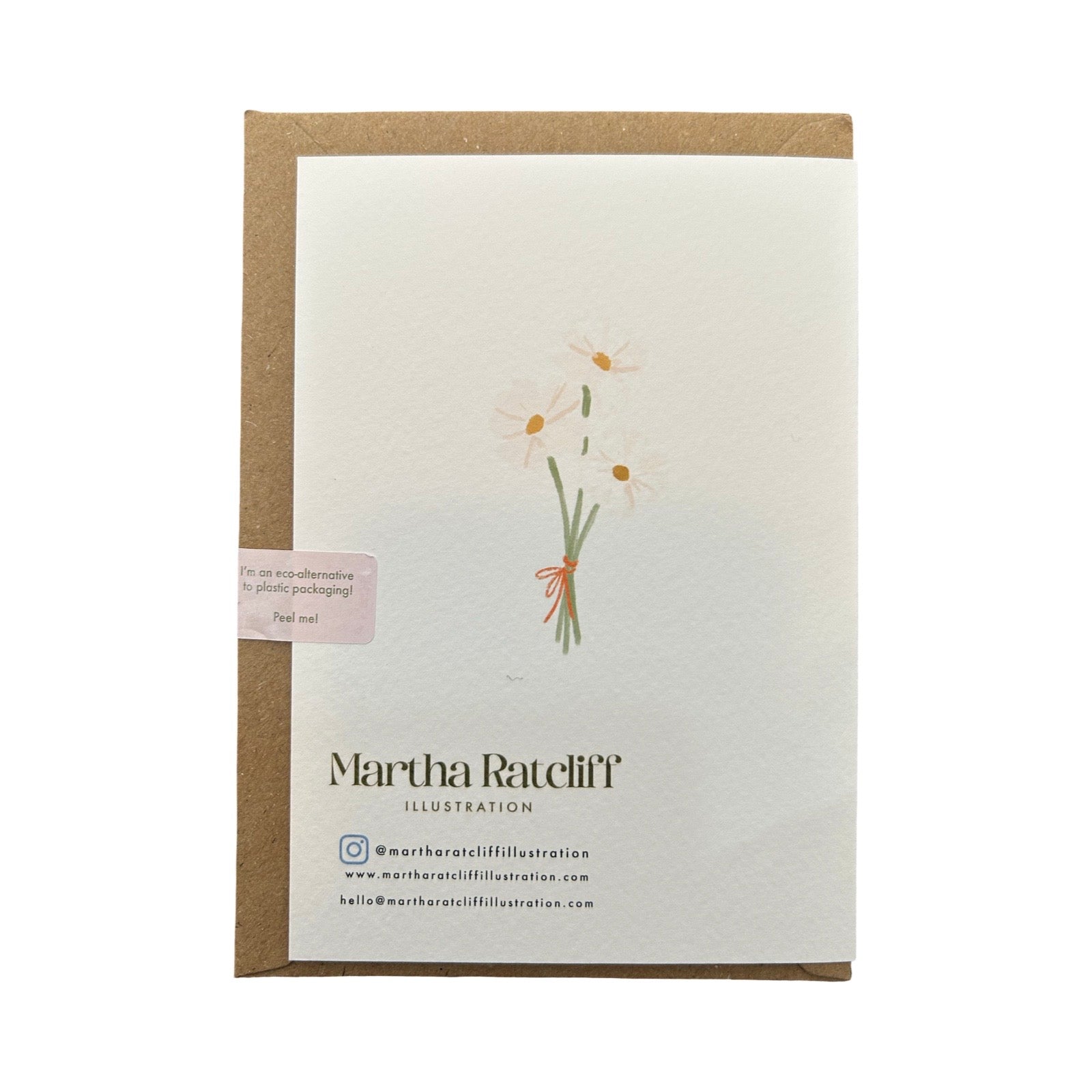 Back of Martha Ratcliff card with white flowers and text.