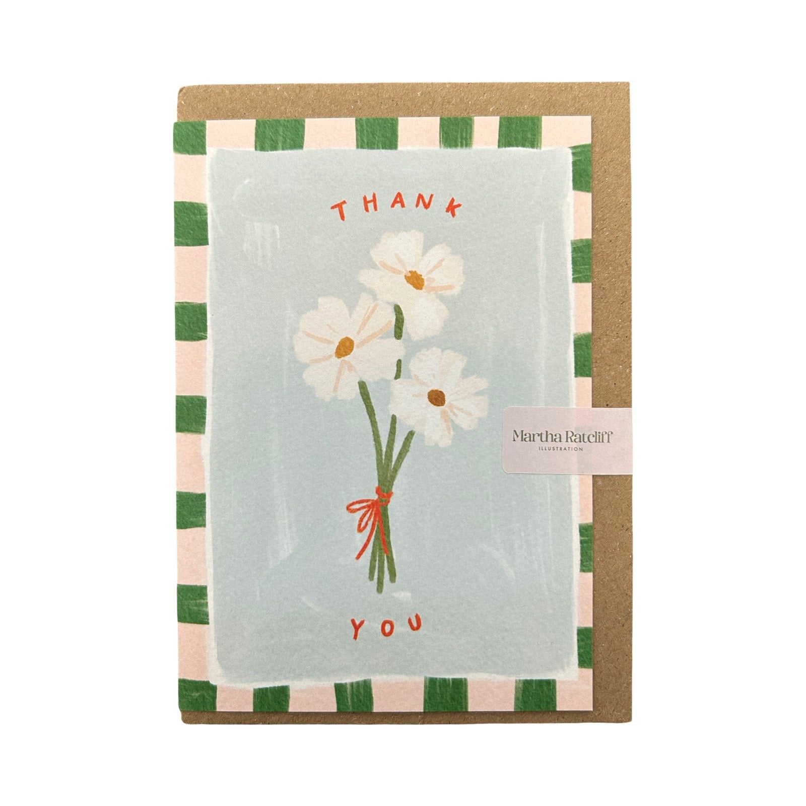 Greeting card with flowers and 'Thank you' text on a striped border, with a brown envelope.