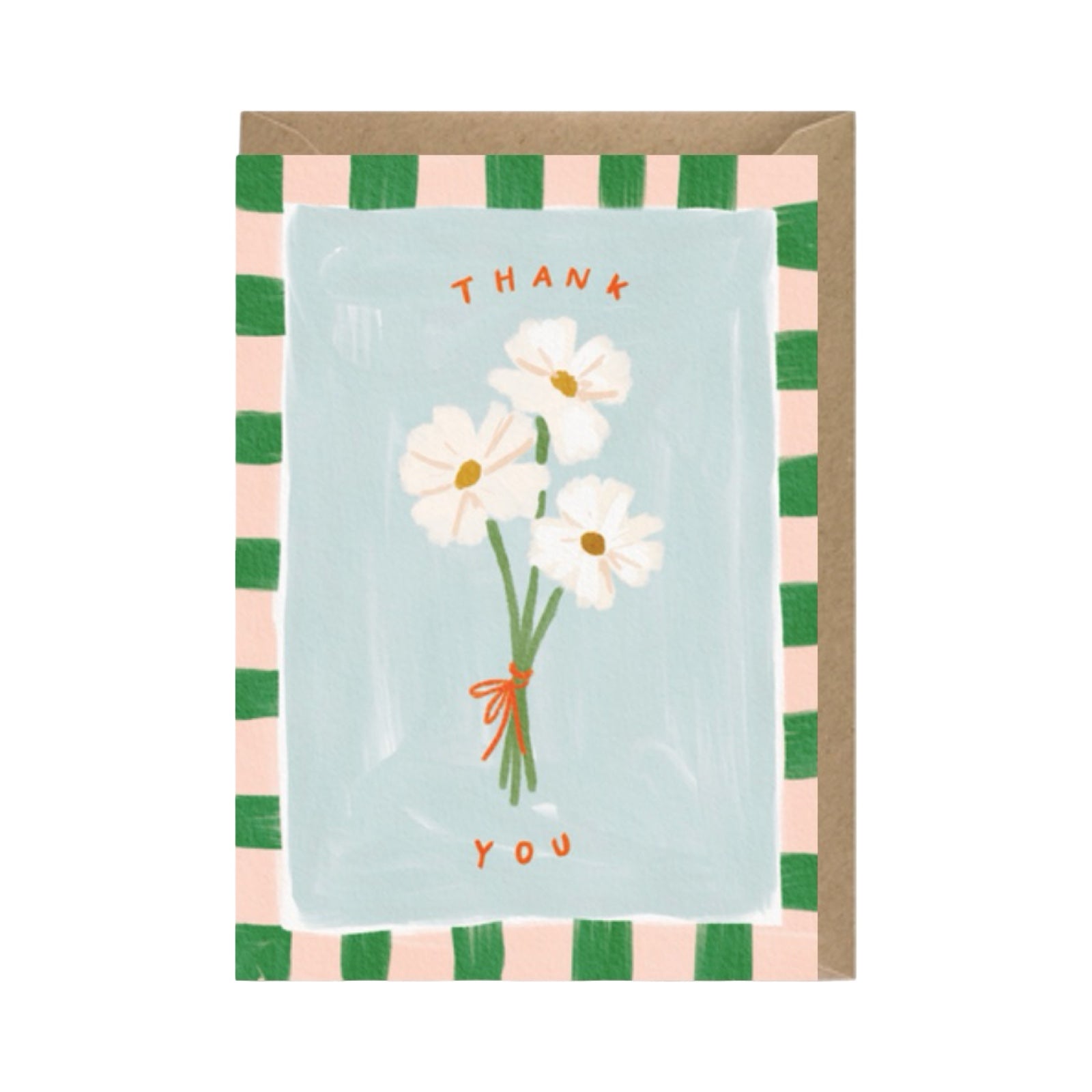 Greeting card with flowers and 'Thank you' text on a striped border.
