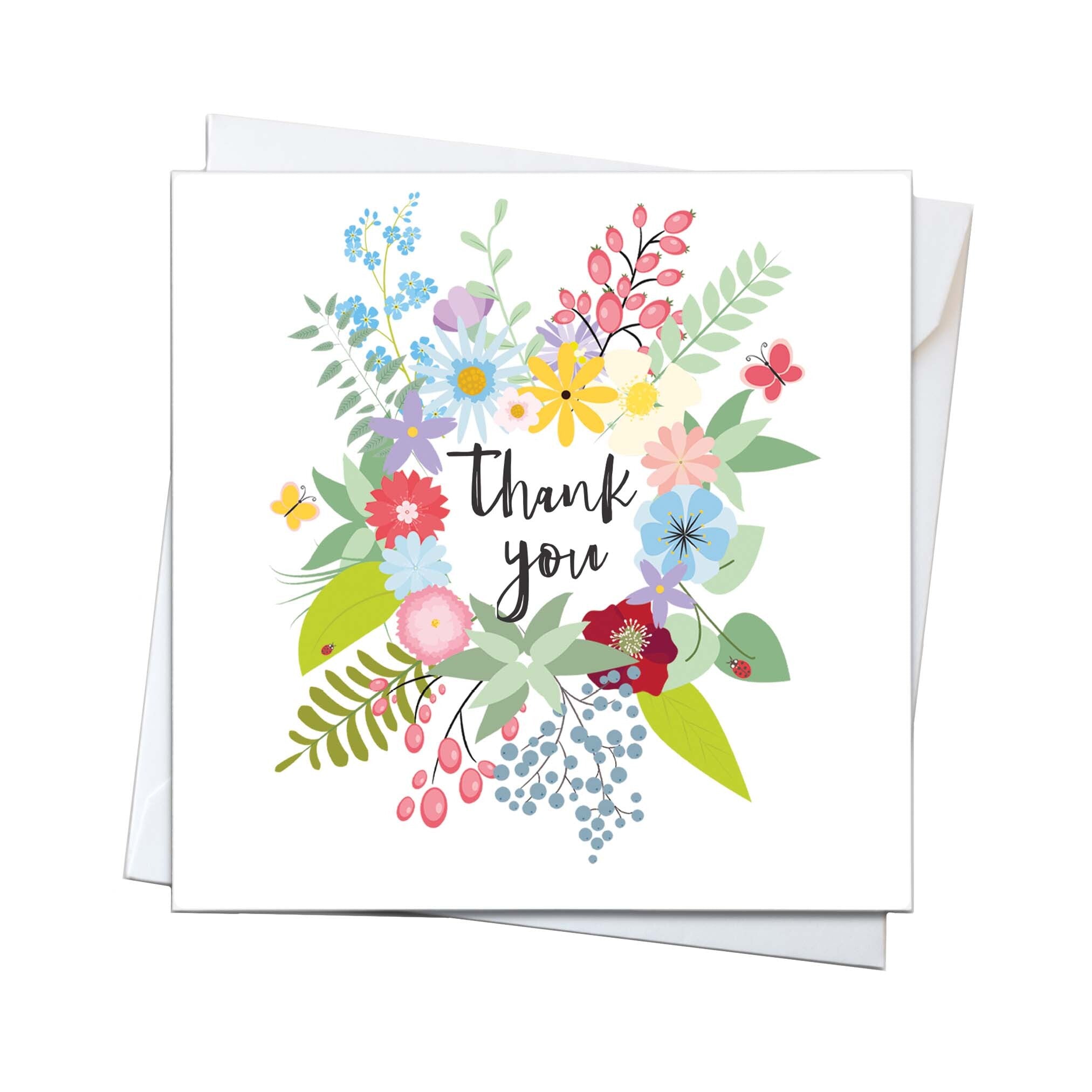 An image of a card with a floral wreath and the words thanks you.