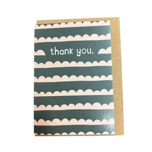 A mini thank you card featuring a pink scallop design against a forest green background and the text 'thank you' written in white.