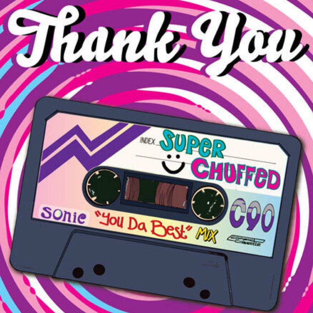 Thank you card featuring an illustration of a Cassette tape with the name "Super Chuffed - Your da best mix" and a purple spiral pattern background.