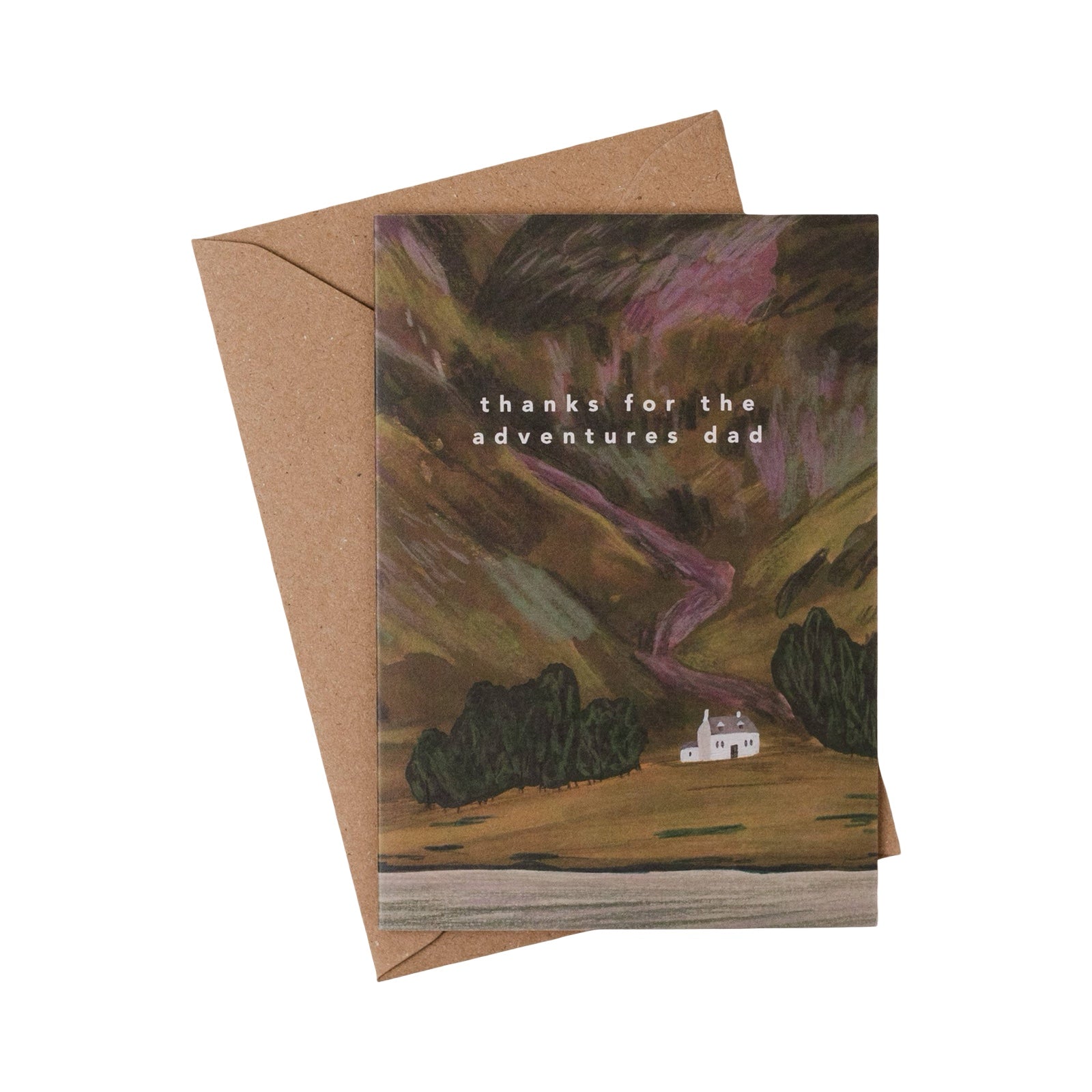 Greeting card with 'thanks for the adventures dad' text and a landscape illustration on a brown envelope.