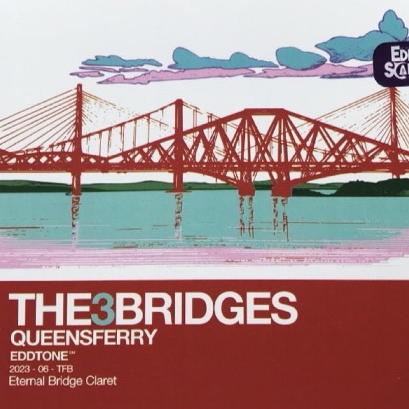 Illustration of a red bridge over water with 'The 3 Bridges Queensferry' text on a colorful background.