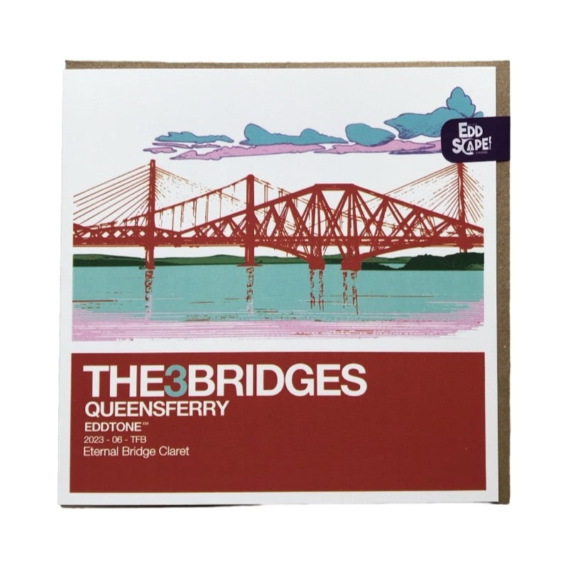 Square card featuring an illustration of the 3 famous Forth Bridges, the Forth Rail Bridge, the Forth Road Bridge and the Queensferry Crossing