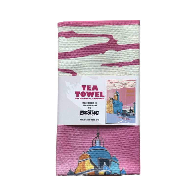 Tea towel featuring an illustration of the Balmoral Hotel on Princes Street in Edinburgh.
