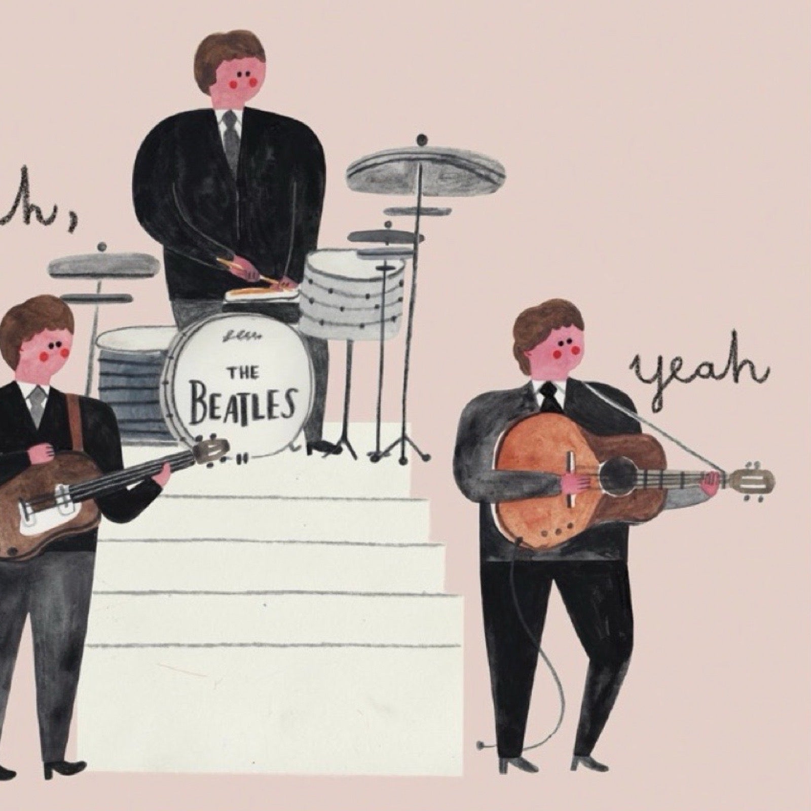 Illustration of The Beatles playing music with a drum set and guitars and 'yeah' text.