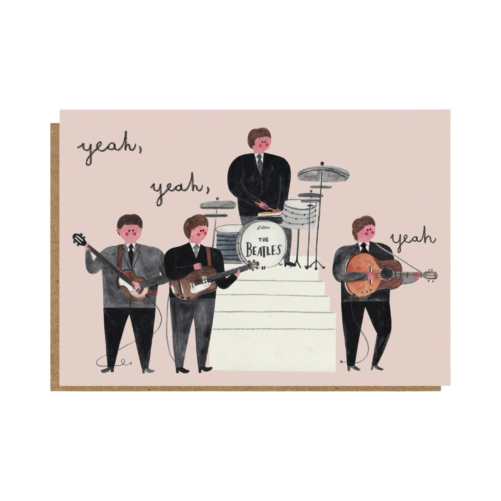 Card with illustration of The Beatles playing music on a beige background.