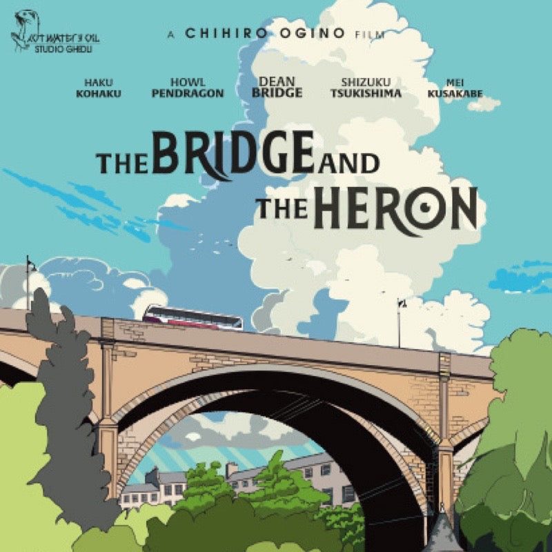 Illustrated movie poster for 'The Bridge and the Heron' with a bridge design.