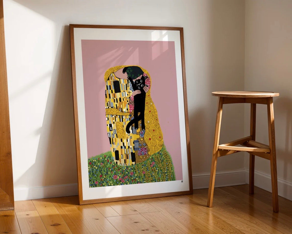 This cute cat kiss print is Inspired by the artist Gustav Klimt.