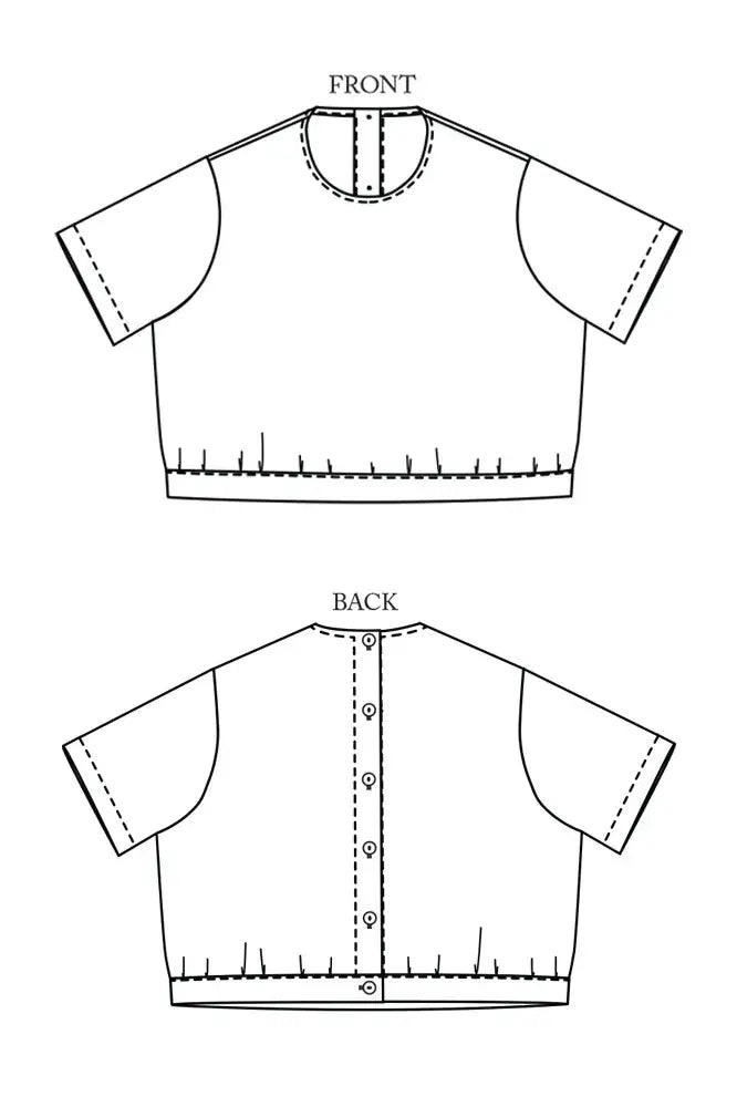 Sewing pattern for a feminine blouse, with back buttons, that gently gathers into a waistband.