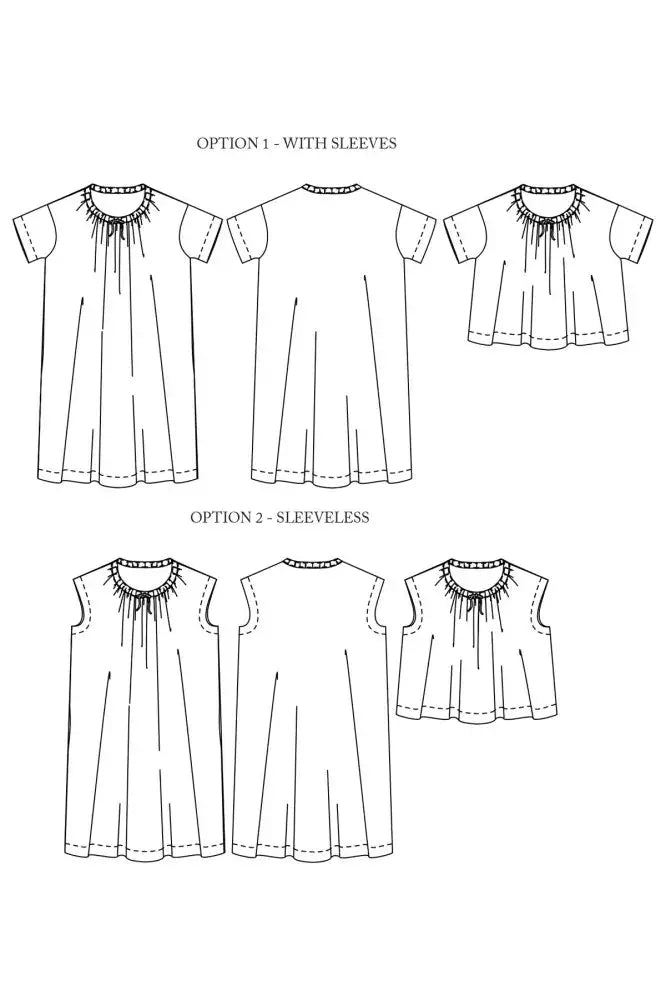 Sewing pattern for a T-shaped top or dress with a gathered drawstring neckline that can be adjusted to sit at your desired height; the pattern can be made with or without sleeves.